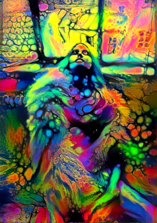 model in fur leans back, closing eyes, psychadelic