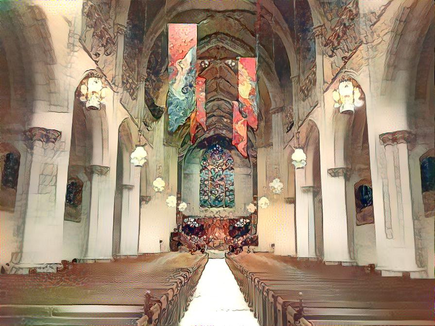 Princeton Chapel in style of Alphonse Mucha