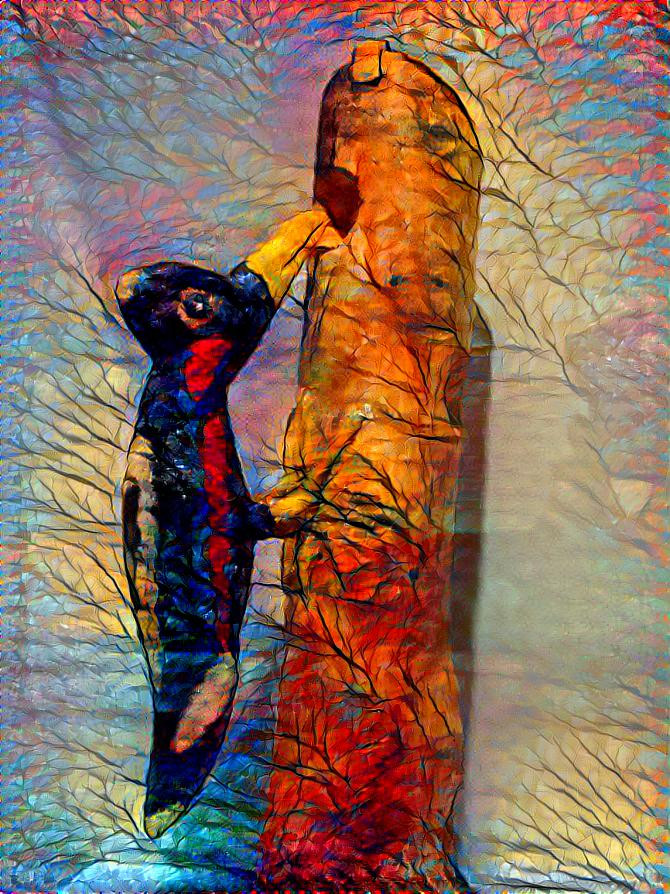 Folk Art Woodpecker on a Dead Tree Trunk