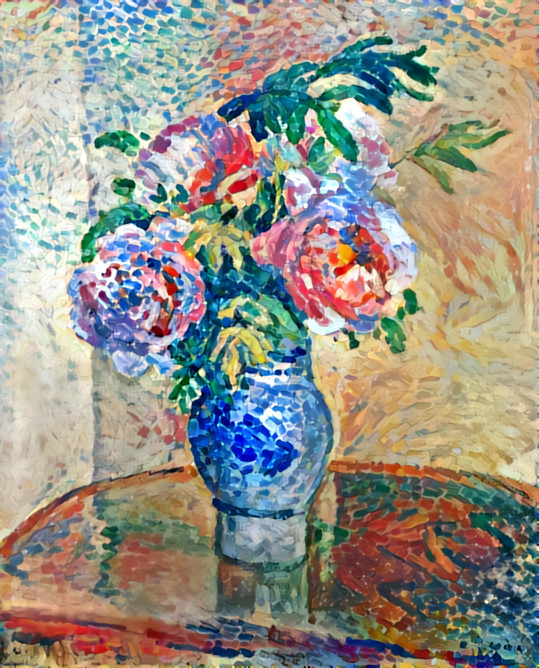 Peonies Of Another Color [Pointillism] -- Original: Realism, 1873, Bouquet of Pink Peonies By Camille Pissarro - Public Domain: Ashmolean Museum, https://commons.wikimedia.org/w/index.php?curid=38358384