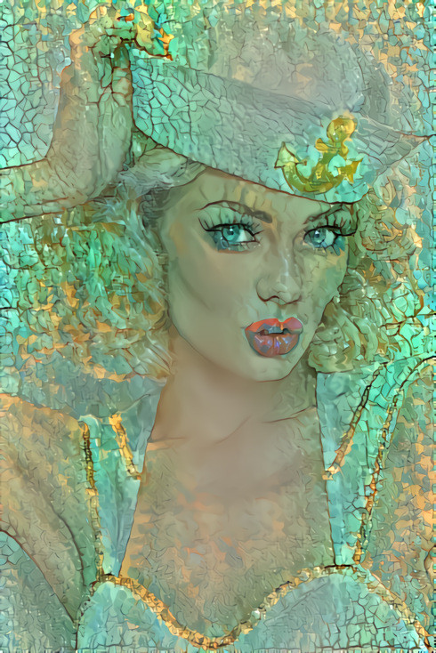 model in sailor hat, aqua, gold, crackled