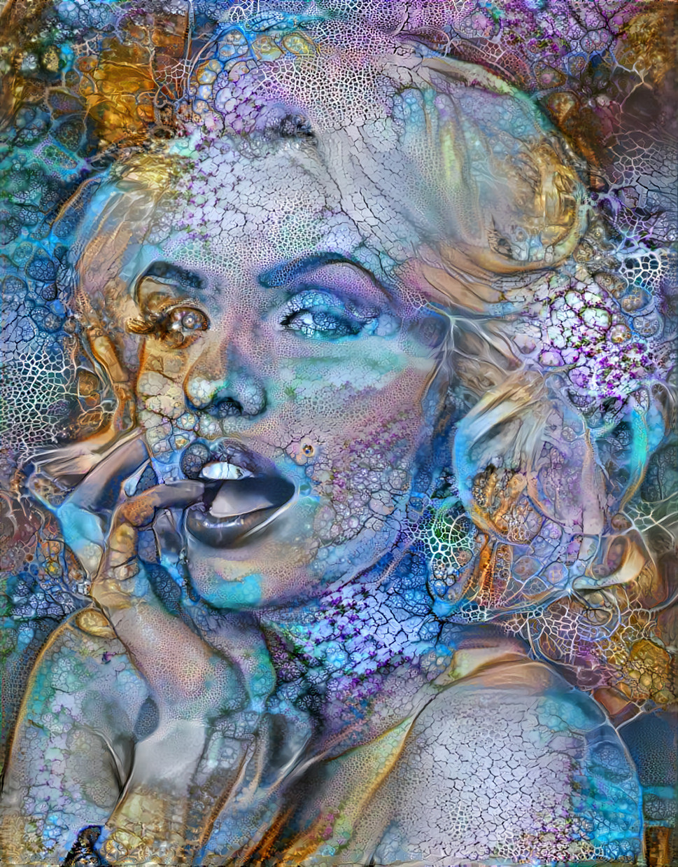 marilyn monroe touching lip, blue, purple fractal