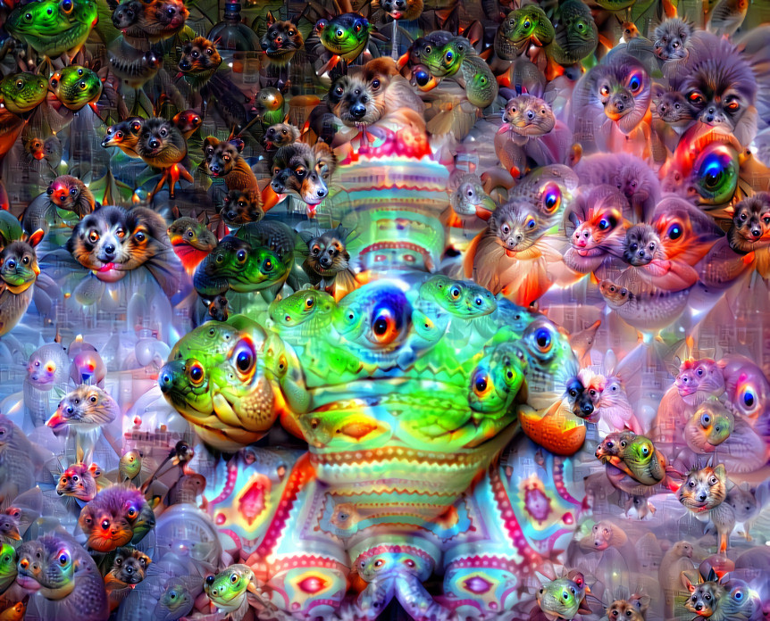 Fractal meditating frog on sacred plant 3rd pers.v