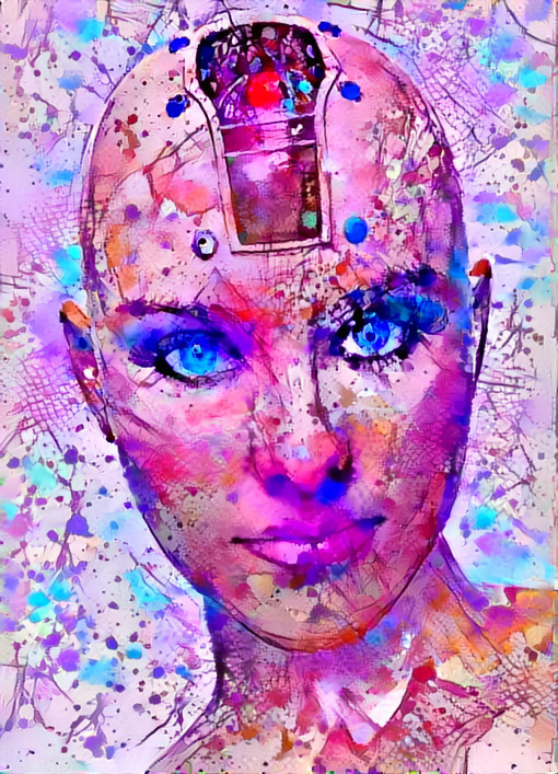 robot head shot retexture, pink, purple, blue