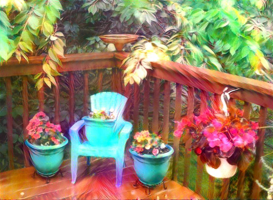 Deck, Flowers and Tree in the Rain