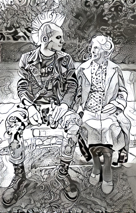 black and white, punk park bench old lady