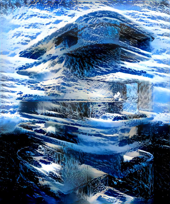 skyscraper retextured with ocean waves, blue