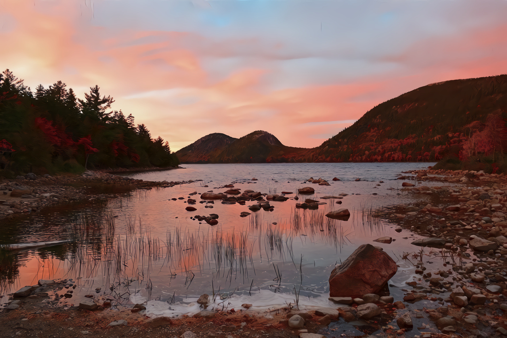 Sunset, Lake, Hills