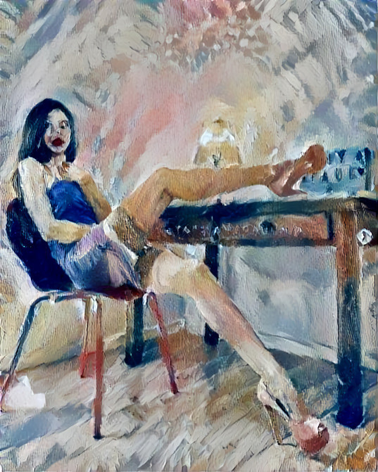 model in heels, foot on desk, oil painting