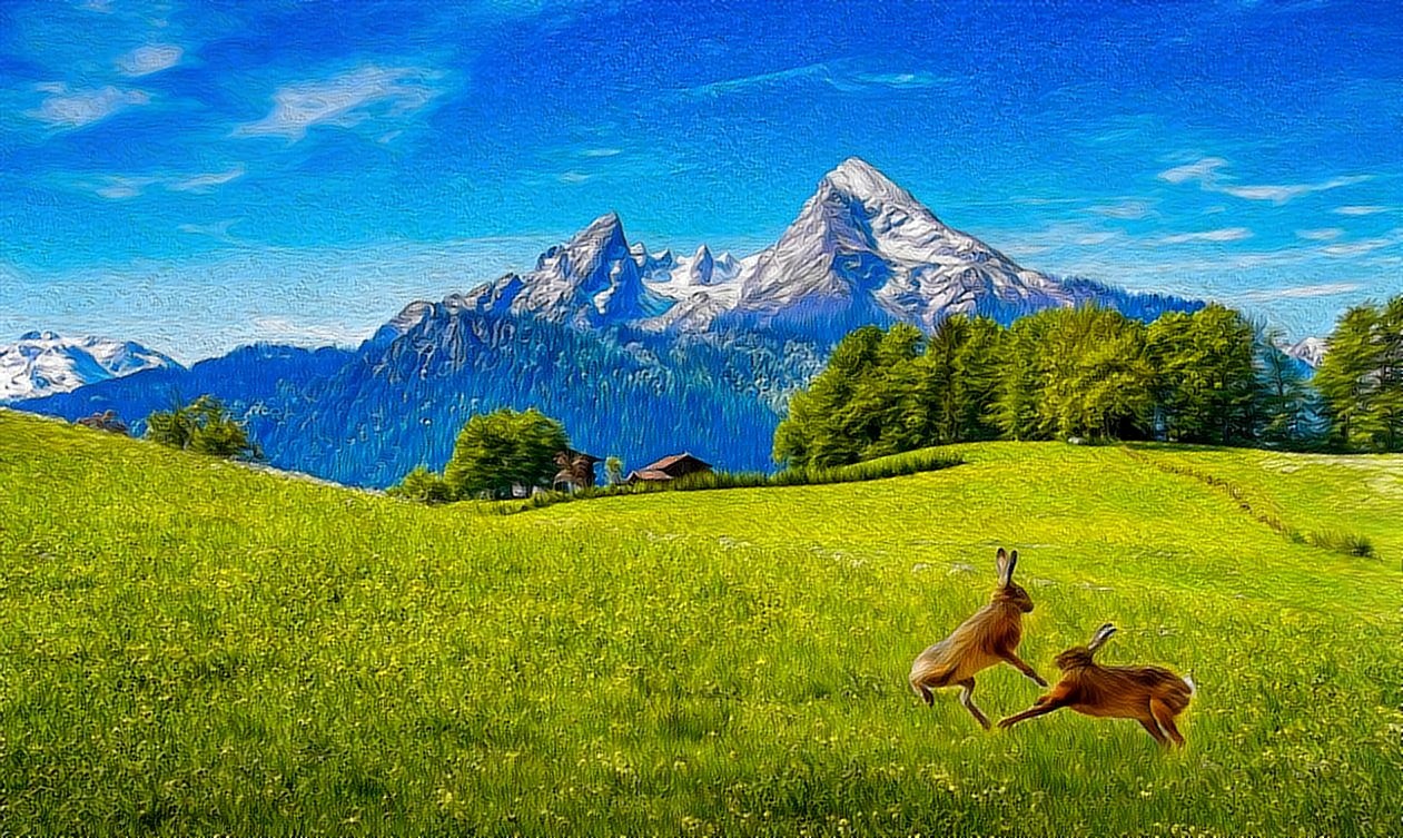Alpine Meadow with Boxing Hares