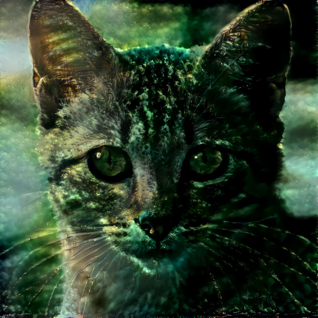 Image of cat, created by neural-network that called "This Cat Does Not Exist", edited with DDG.