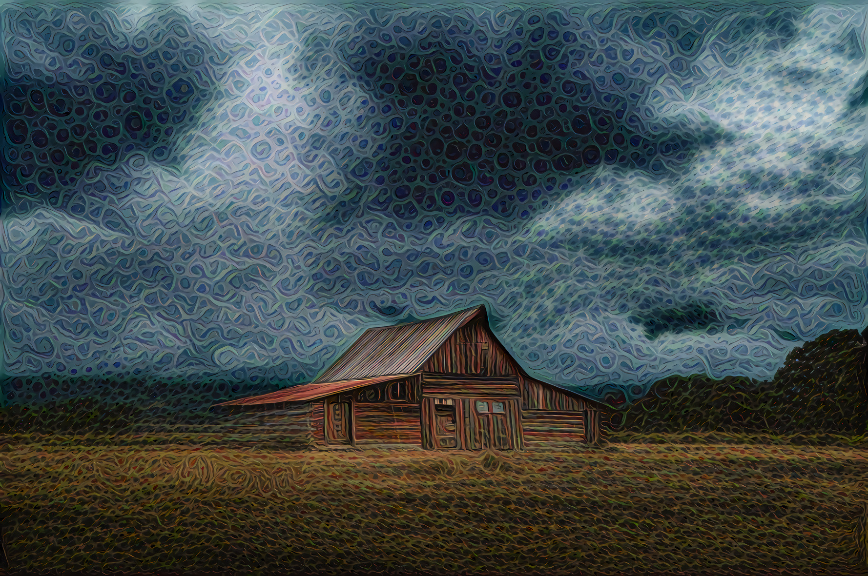 Log Shed and Storm Clouds