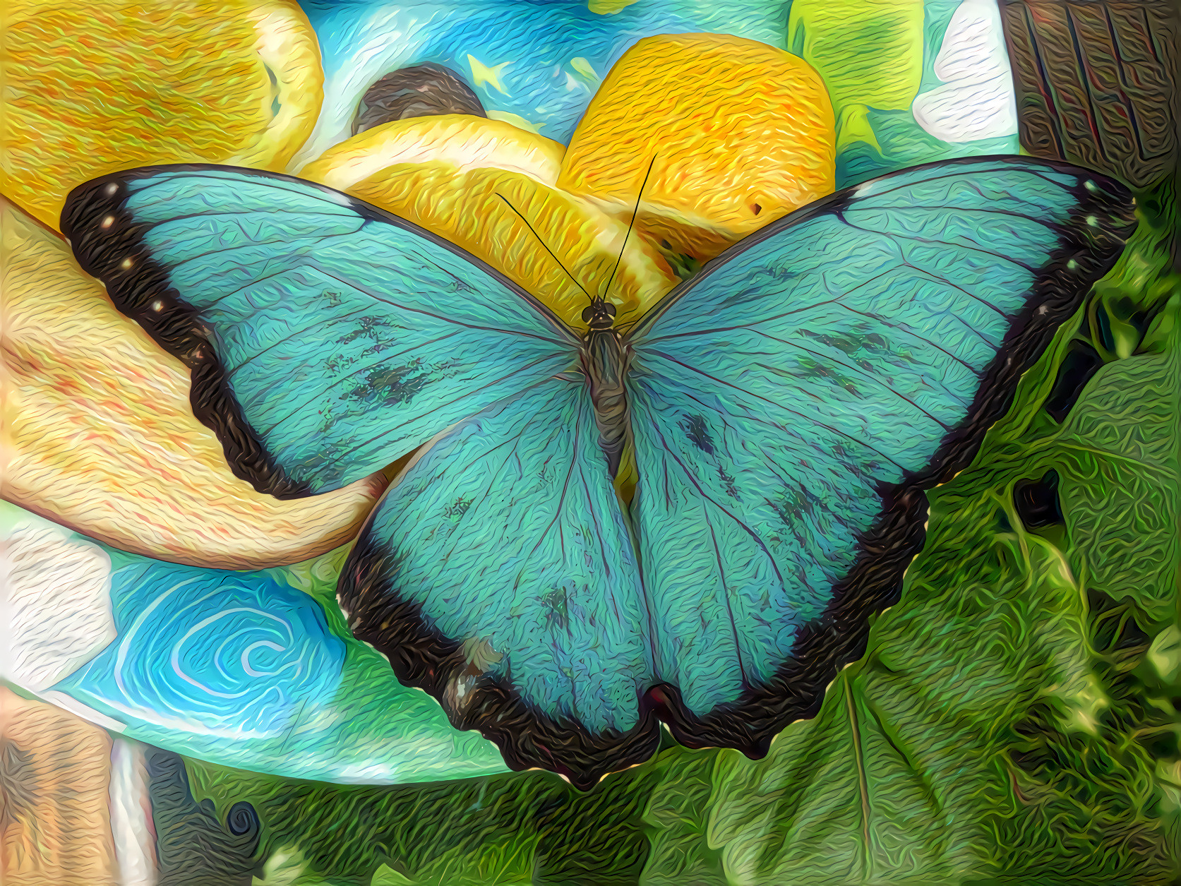 Blue Butterfly with  orange slices