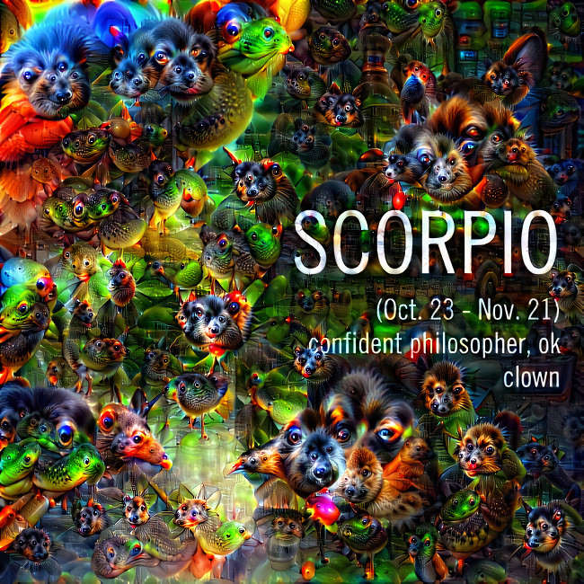 Scorpio: confident philosopher, ok clown