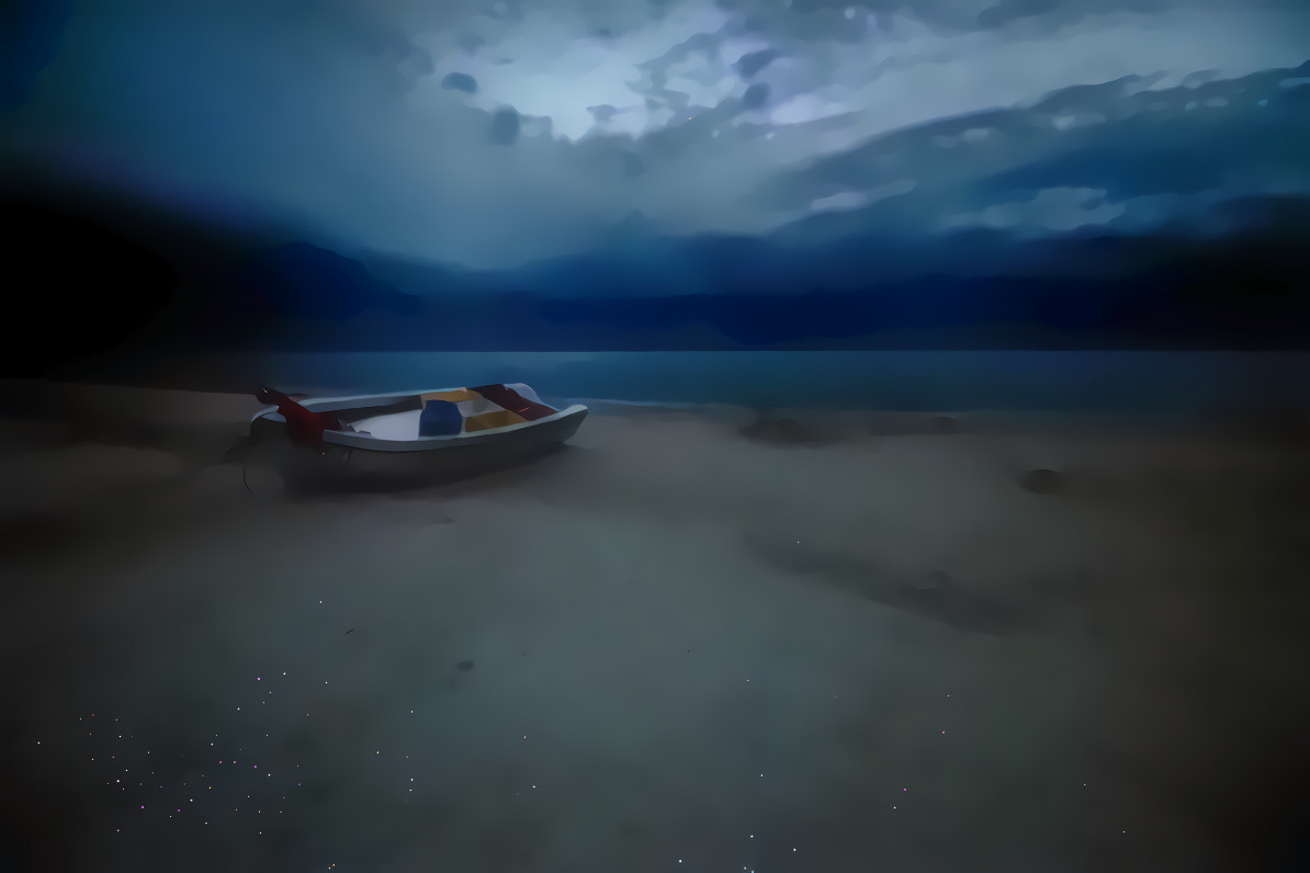 Rowboat Ashore in Moonlight. Source photo by Antonio Grasz on Unsplash. Style photo (“Thunderstorm Approaching Dixon Reservoir, Colorado”) by Tom Strecker on Unsplash.