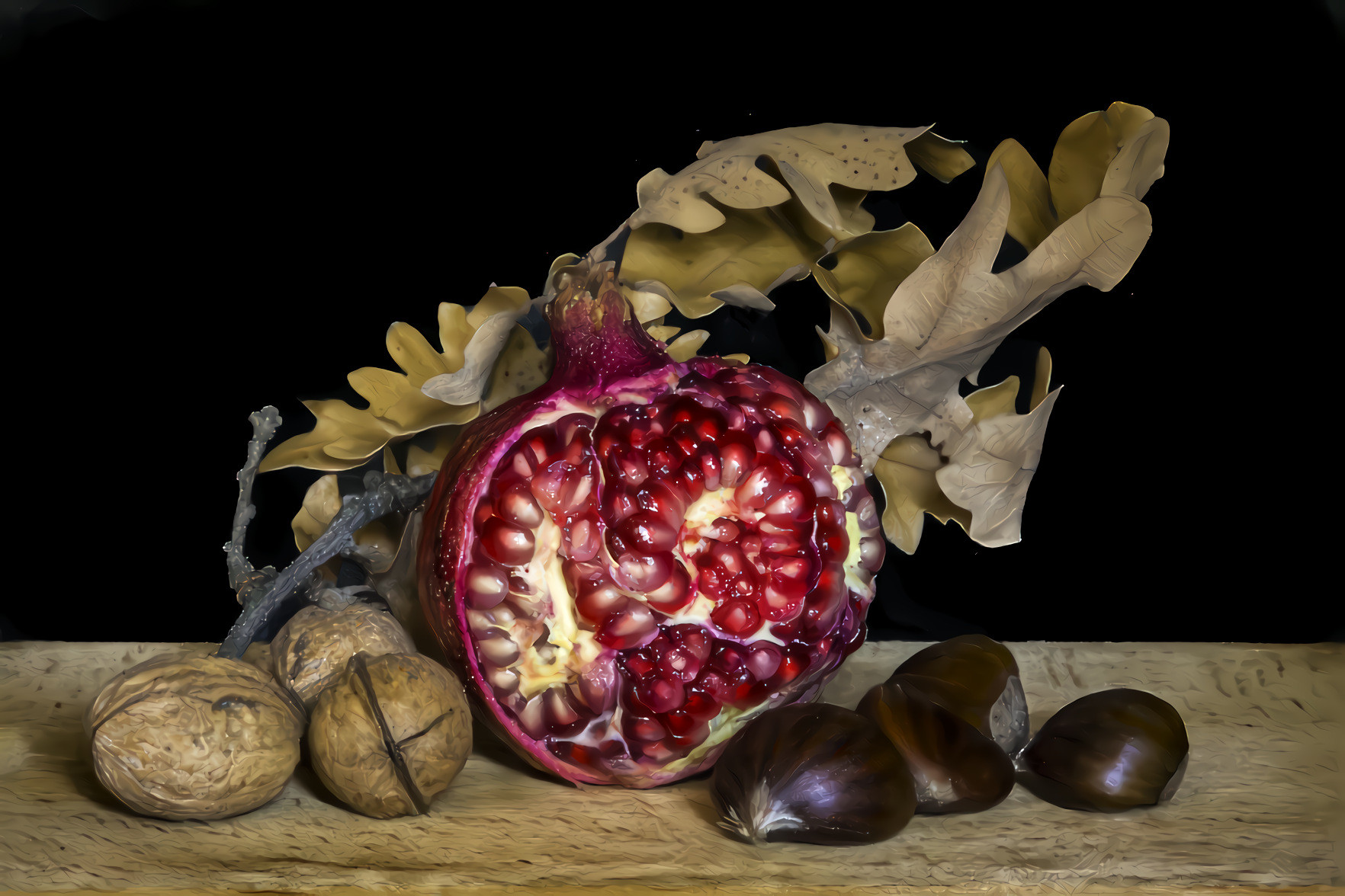 Pomegranate, Leaves, Nuts, Buckeyes