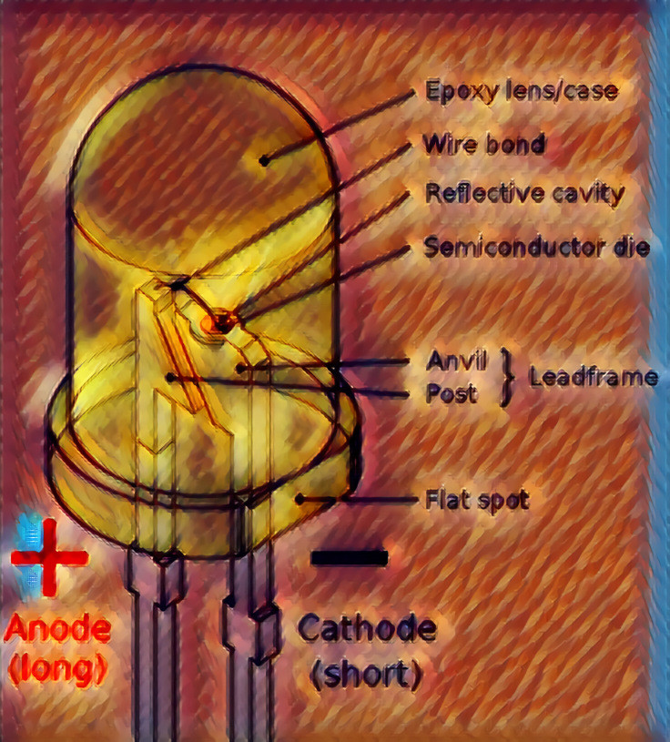 Light Up My World Skeleton -  LED (Light Emitting Diode) Parts - About: 1) https://en.wikipedia.org/wiki/Light-emitting_diode  2) Video https://youtu.be/RHpo4wKo8pQ?t=1848 - Image: By Inductiveload - Own work by uploader, drawn in Solid Edge and Inkscape.,