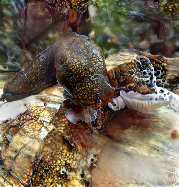 Banana Slug eating Oyster Mushrooms on a Fallen Tree