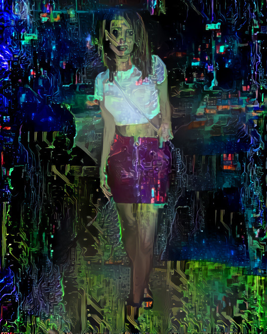 model in skirt, city at night, blue, green