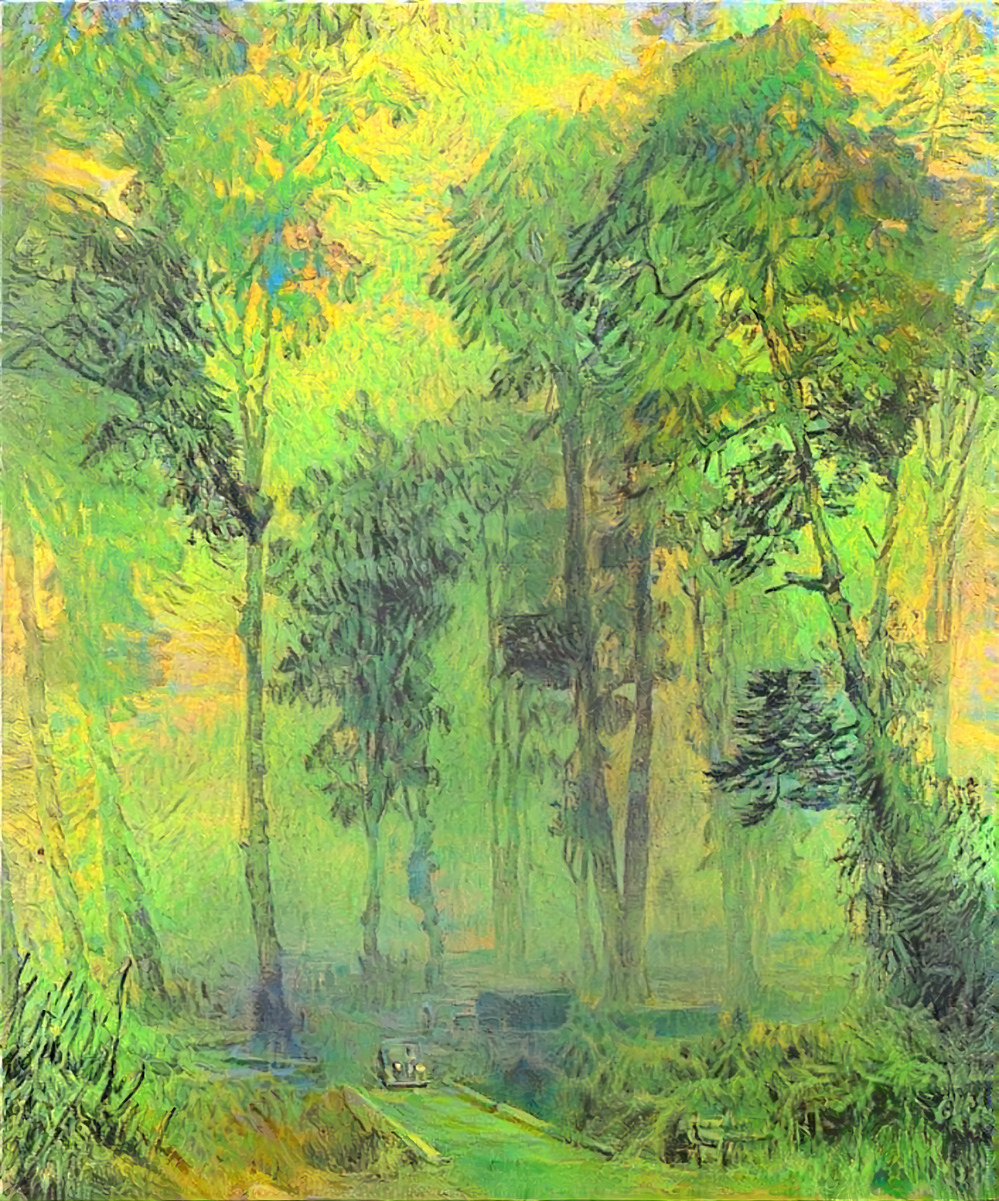 trees in rain & fog, painting, green, yellow