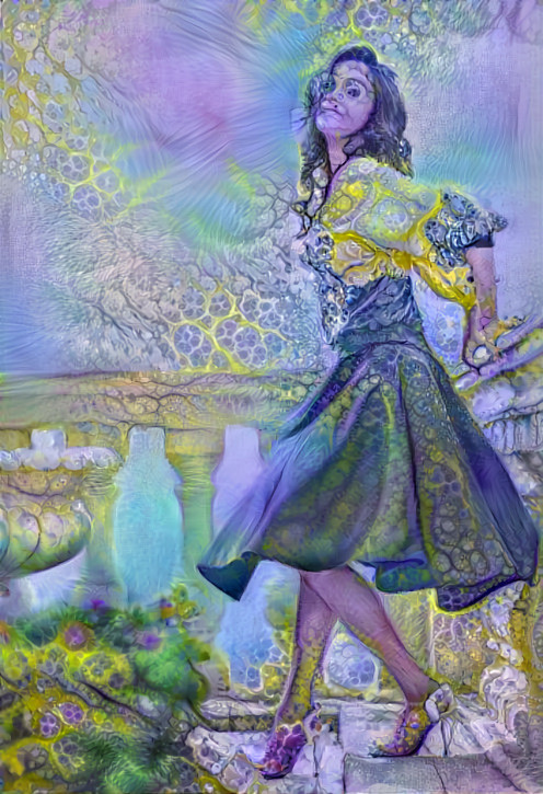 model in dress - green, blue, yellow, fractal