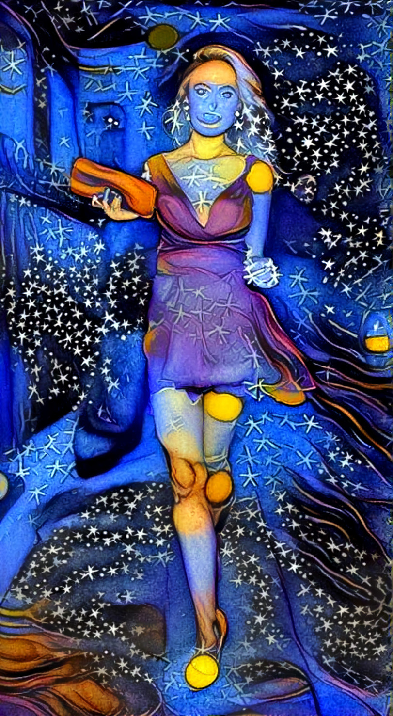 model in dress - sidewalk - blue starry night