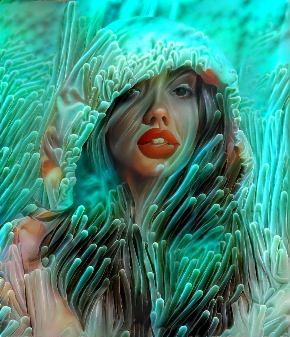 model wearing hoodie, blue-green underwater plants