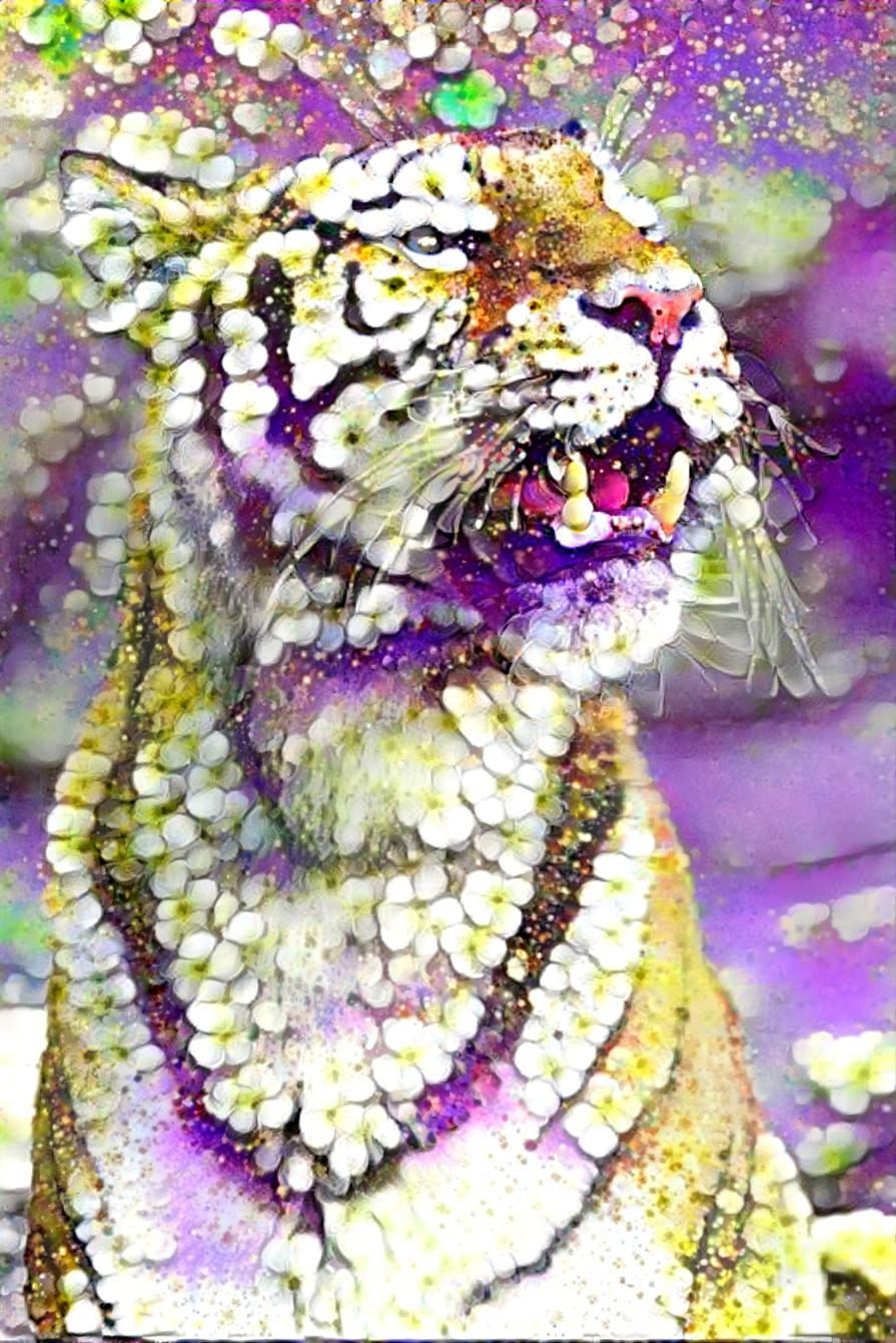 tiger, purple, white, flowers