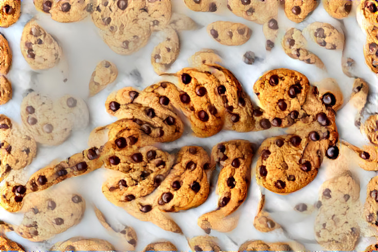 shrimp, chocholate chip cookies floating in milk