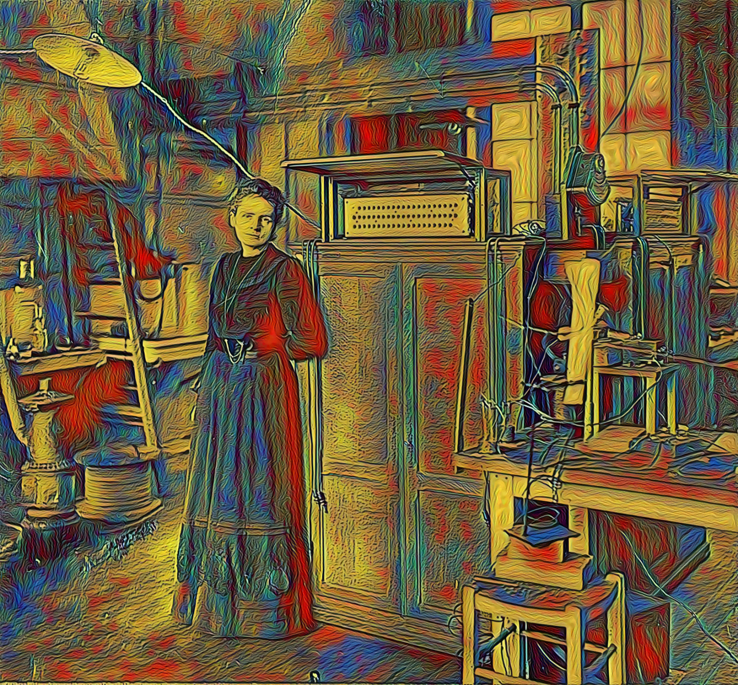 Radioactivity Pioneer Deep Dream —Madame Curie At Work — 1st woman Nobel Prize winner, French physicist and chemist, pioneering research on radioactivity. — Photo: Madame_Curie_in_her_laboratory._Presented_to_Martha_Van_Rensselaer_upon_the_occasion_of_-_(3