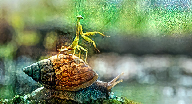 Mr. Snail gives Sir Mantis a ride