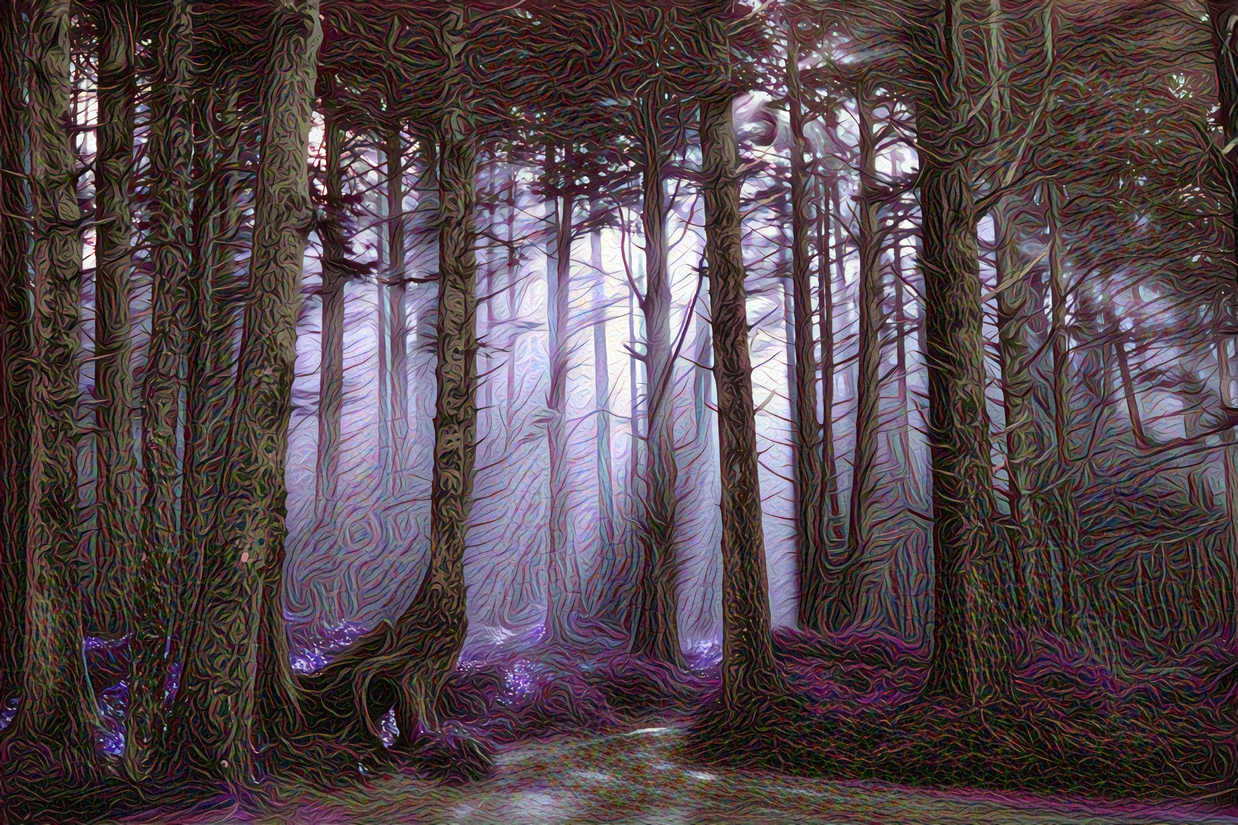 Pine Forest and Purple Flowers