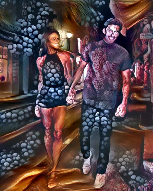 models holding hands on sidewalk, retexture