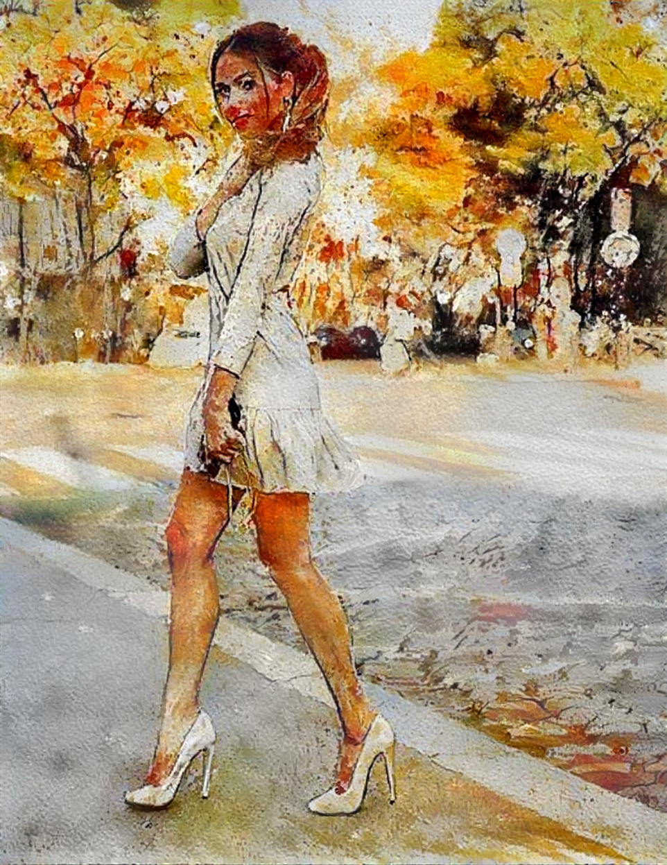 model in dress and heels crossing street, painting