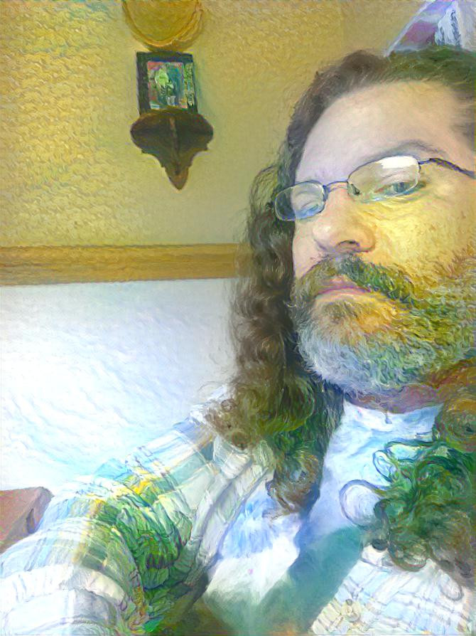 Selfie interpolated against a van gogh