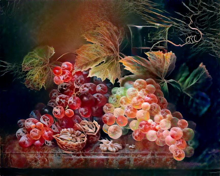 Still life with grapes + metastatic cancer cells, macro photo.