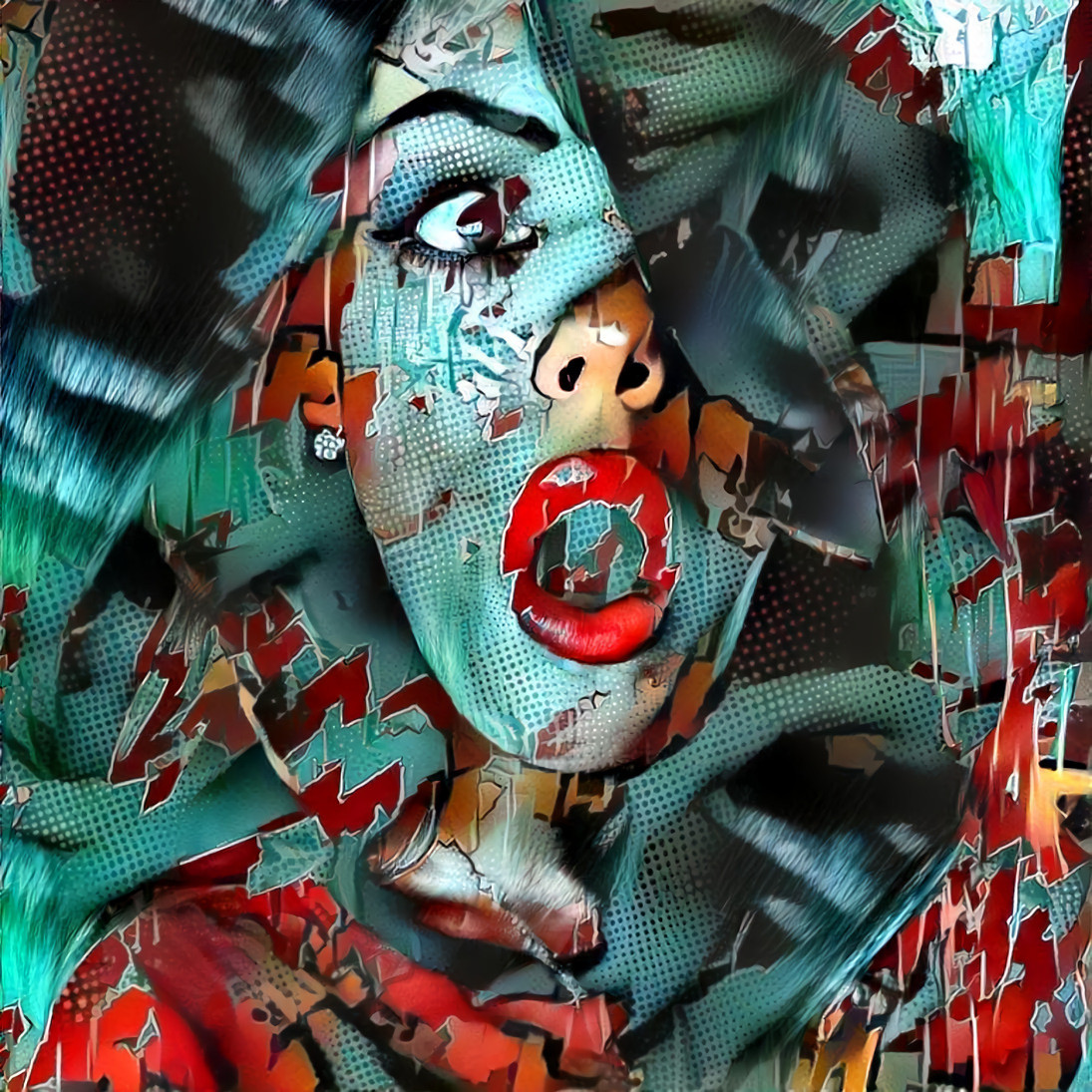 model, surprised expression, aqua, red, graphic 