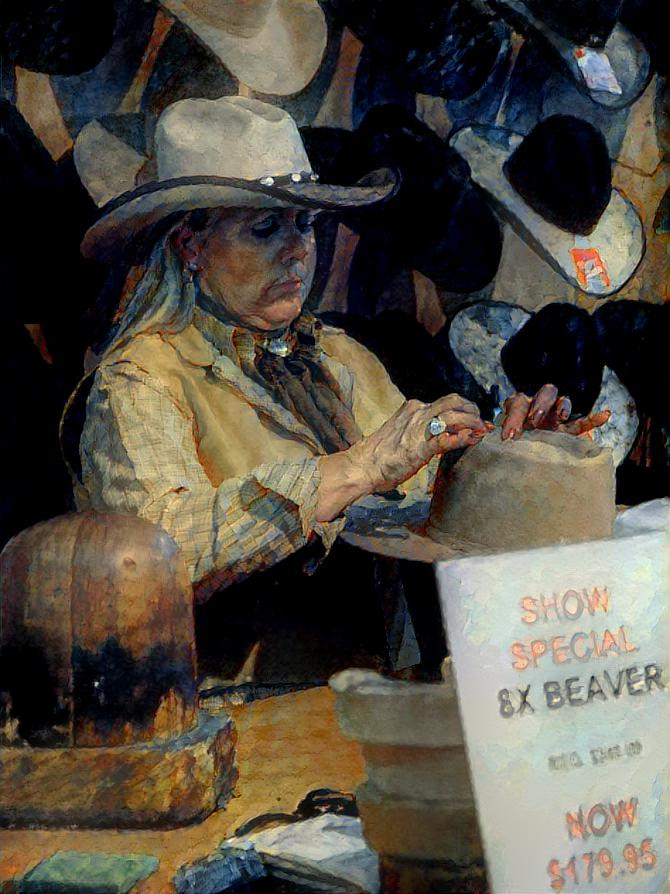 The hat lady. Western Stock Show, Denver CO