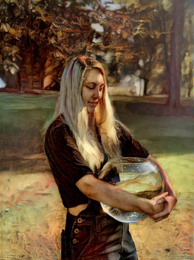 Girl carrying fishbowl