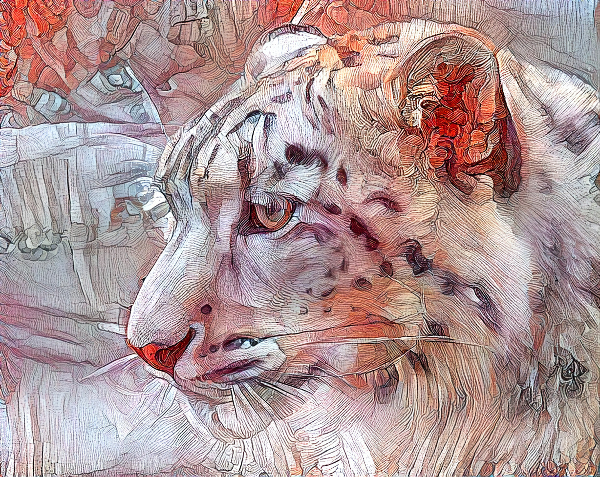 Snow leopard, orange/red, fine lines